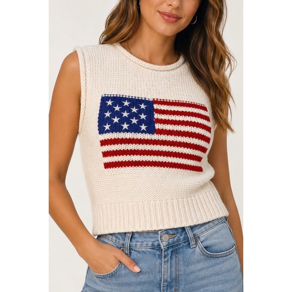 Lucky Brand American Flag Knit Sweater Vest Patriotic USA Stars Stripes Size S